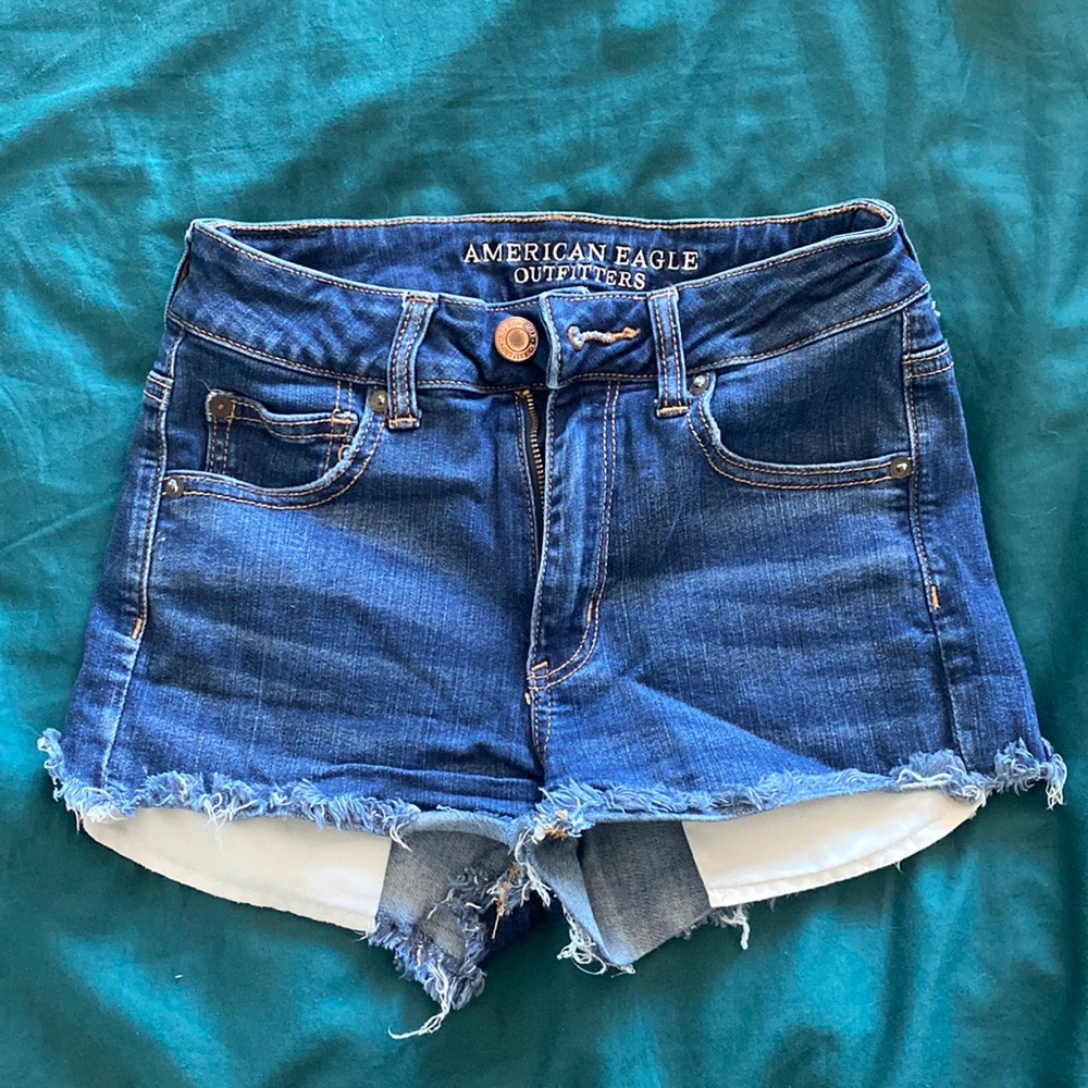 super stretchy american eagle high rise shorts cutoff jean denim sz 4 EUC